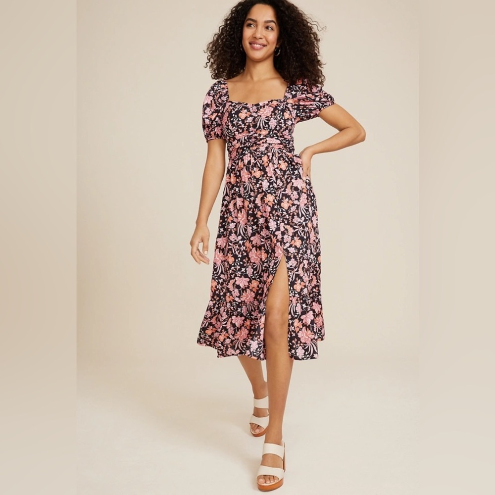 Maurices Pink and Black Floral Midi Dress with Puff Sleeves